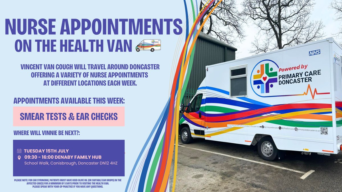 GPFedDoncaster's tweet image. 🚌  Nurse appointments will be available on board our Health Van at Denaby Family Hub!

Come see us for drop-in smear tests and ear syringing appointments!

📆 Tuesday, 15th of July
🕙 9:30 AM - 4 PM
📍 Denaby Family Hub

#DoncasterHealth #VincentVanCough