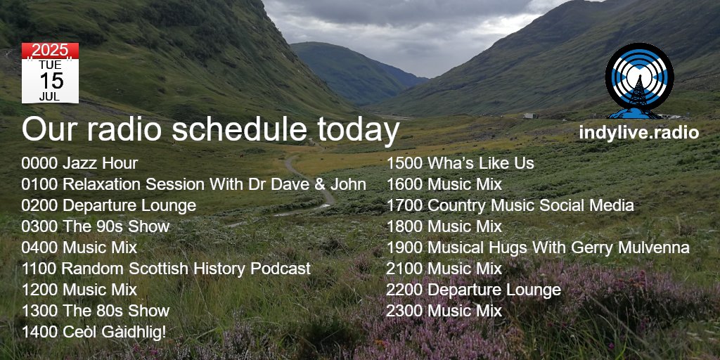 INDY LIVE RADIO - a new voice for a new Scotland
Today's schedule, Tue 15 Jul 2025
Full schedule indylive.radio/radioschedule
Listen on indylive.radio
iOS: apps.apple.com/us/app/indy-li…
Android: play.google.com/store/apps/det…
or say 'ALEXA, play Independence Live Radio Scotland'