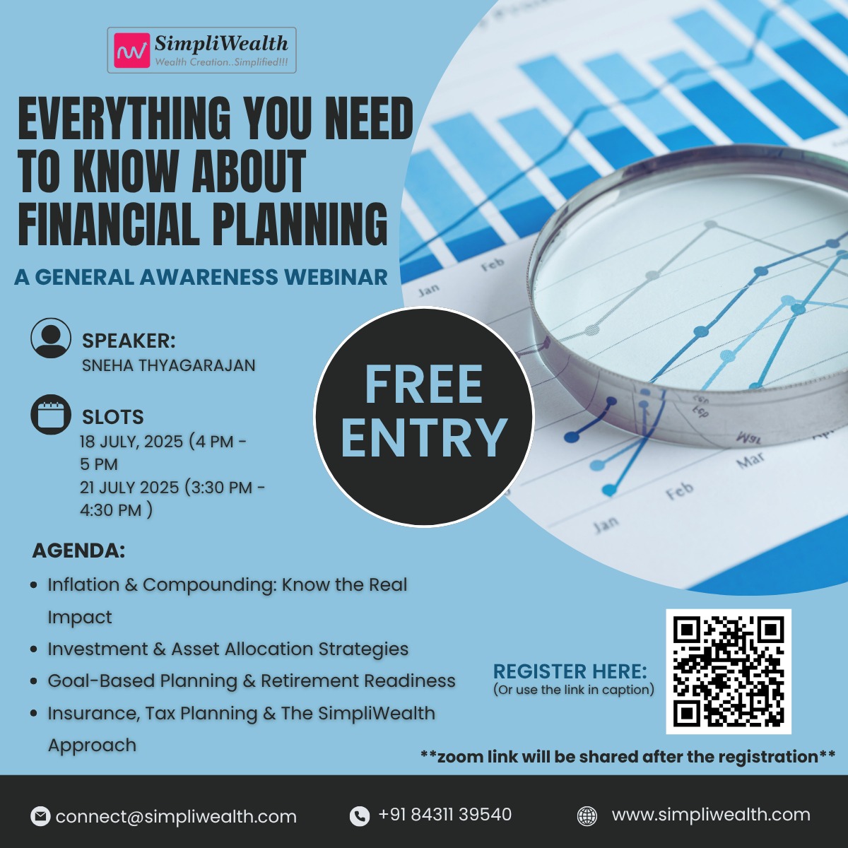 SimpliWealthoff's tweet photo. 🔗 Register now: https://t.co/E92C8H7fHi

📌 Zoom link will be shared after registration.

📢 Join us for a FREE Financial Planning Awareness Webinar!
Topic: Everything You Need to Know About Financial Planning
A practical session to help you make informed and confident money decisions.

🗓 Available Slots:
• 18 July 2025 | 4:00 PM – 5:00 PM
• 21 July 2025 | 3:30 PM – 4:30 PM

🎯 Agenda Highlights:
✅ Inflation & Compounding: Understand the Real Impact
✅ Investment & Asset Allocation Strategies
✅ Goal-Based Planning & Retirement Readiness
✅ Insurance, Tax Planning & The SimpliWealth Approach

🎙 Speaker: Sneha Thyagarajan
🎟 Free Entry | Hosted by SimpliWealth

Let’s build your financial future together. Don’t miss out!
#FinancialPlanning #FinancialFreedom #MoneyManagement #SimpliWealth #Investing #WealthBuilding