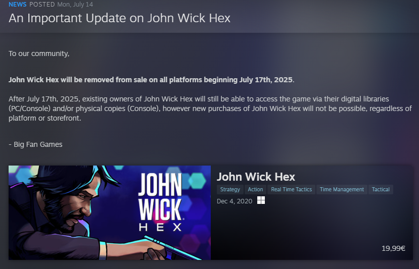 fennelyguy's tweet image. John Wick Hex will be delisted on ALL platforms on July 17th, 2025

This is a very short notice for a delisting, so if you still want to play it one day you have to buy it now.

#JohnWickHex