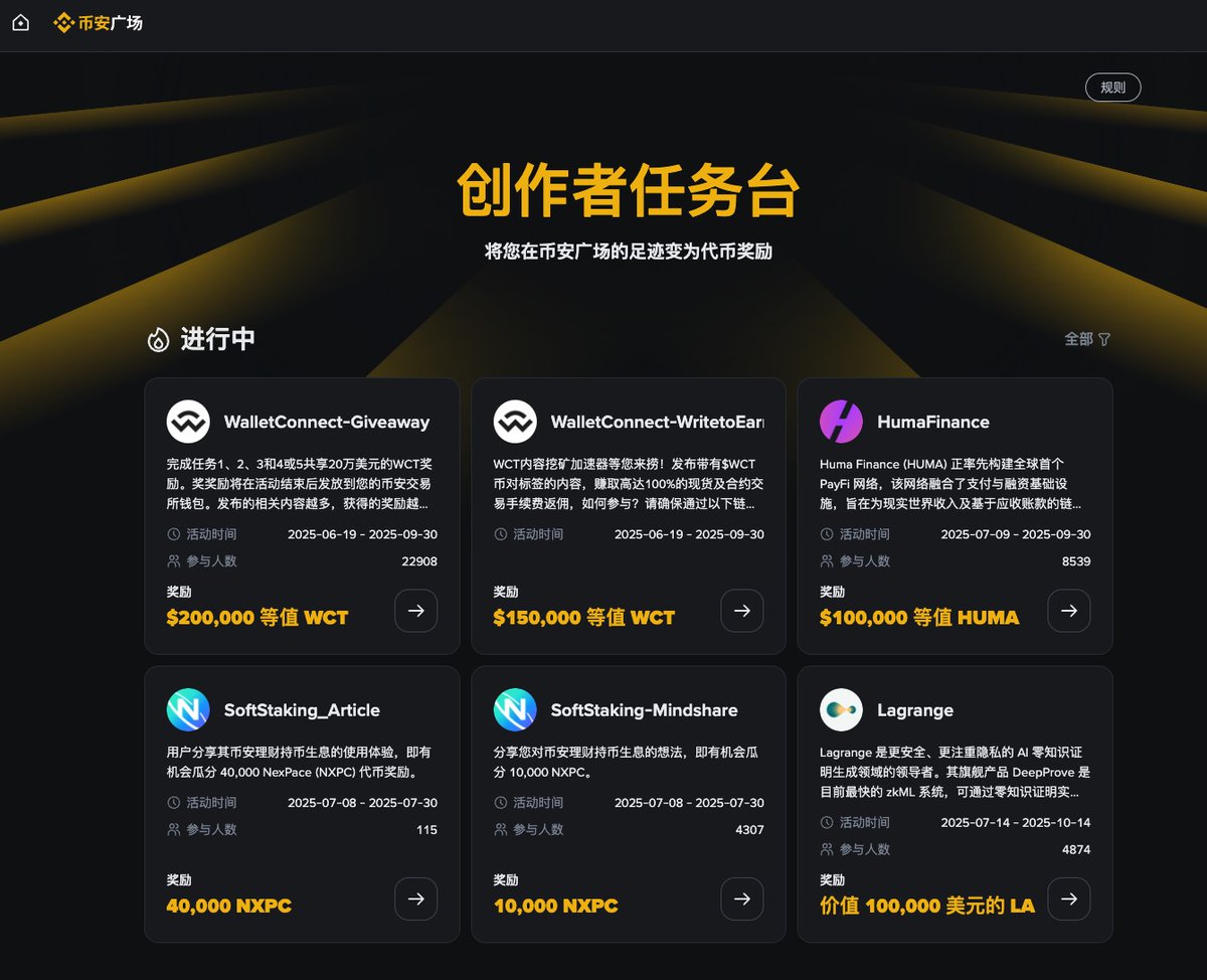与其进入黑盒无限♾️的漩涡

不如来币安广场速度开启你的创作
交易所的毛是非常确定的  奖金池也不少

🌕创作即挖矿  

你在币安广场的每一个推文
可能都有无限的潜能

任务台链接🔗binance.com/zh-CN/square/r…

#Binance