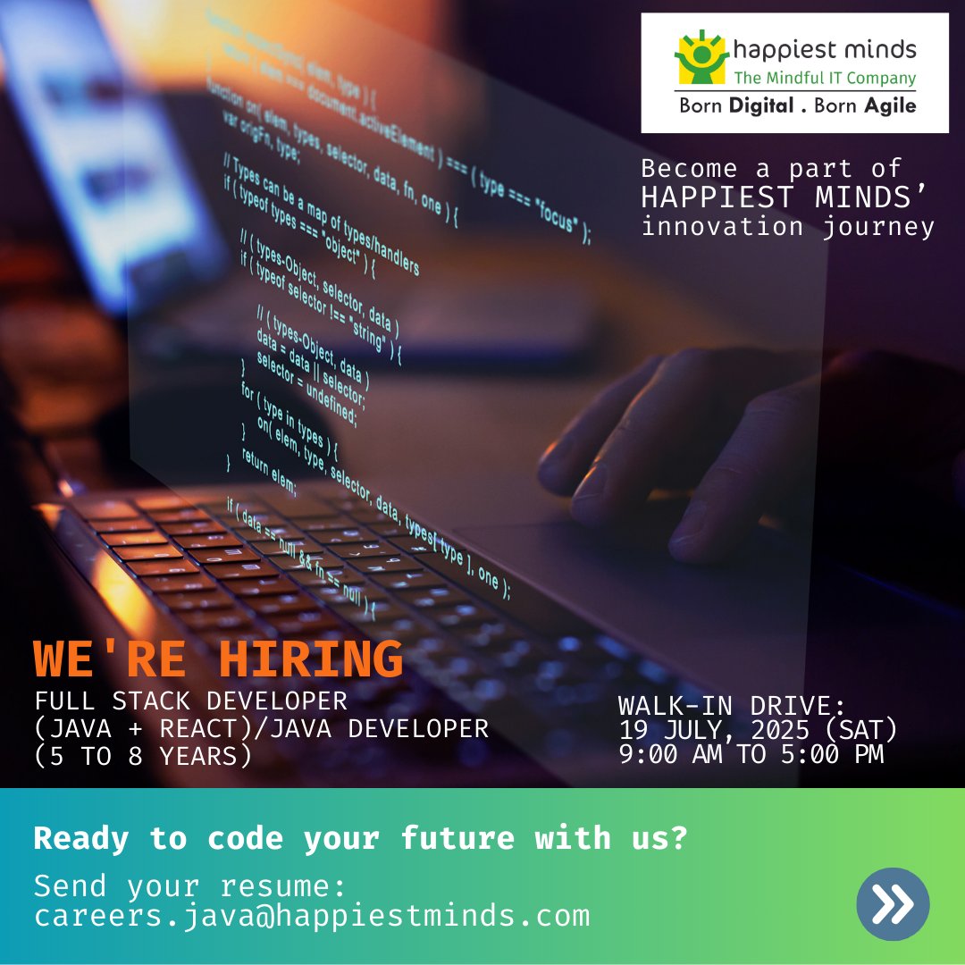 HappiestMinds's tweet image. Start your next tech chapter with #HappiestMindsHyderabad
Join our walk-in on 19 July for Java Developer roles.
Innovate, grow & unlock new opportunities with us.
Send your resume to: careers.java@happiestminds.com
#Hiring #FullStackJavaDeveloper #Java #React #HappiestMinds