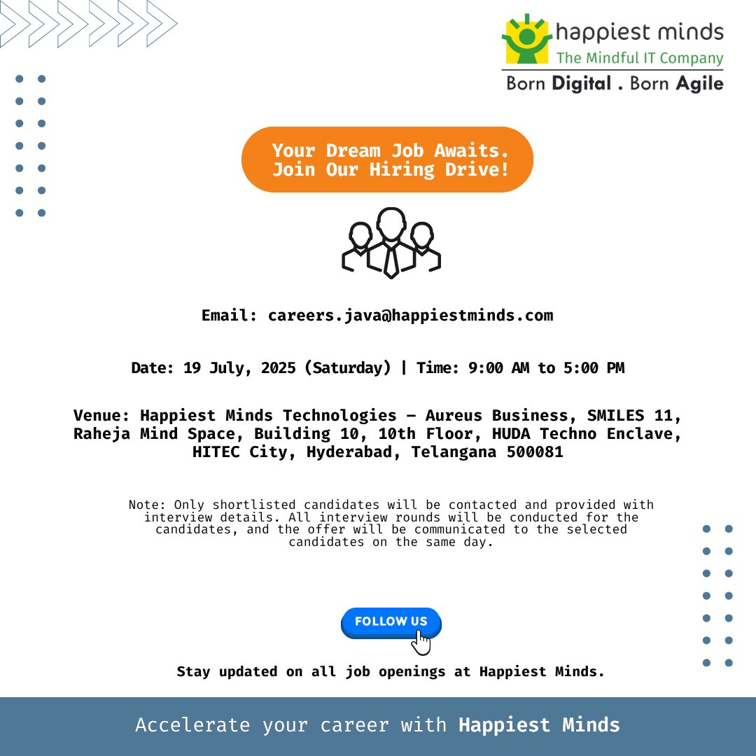 HappiestMinds's tweet image. Start your next tech chapter with #HappiestMindsHyderabad
Join our walk-in on 19 July for Java Developer roles.
Innovate, grow & unlock new opportunities with us.
Send your resume to: careers.java@happiestminds.com
#Hiring #FullStackJavaDeveloper #Java #React #HappiestMinds