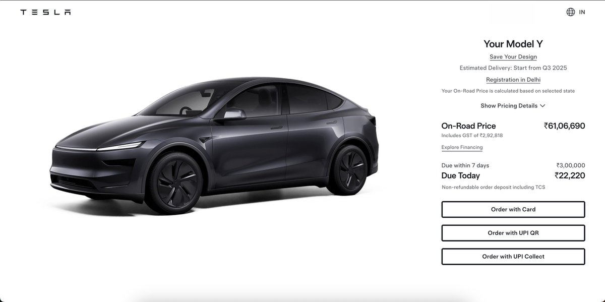 Tesla has launched the Model Y in India at a price of ₹61 lakh

This model gets sold at ₹32 lakh ($37,490) in the USA and you will be paying tax of ₹29 lakh tax to the government in India during the purchase 

Thank you for your contribution in India's growth story