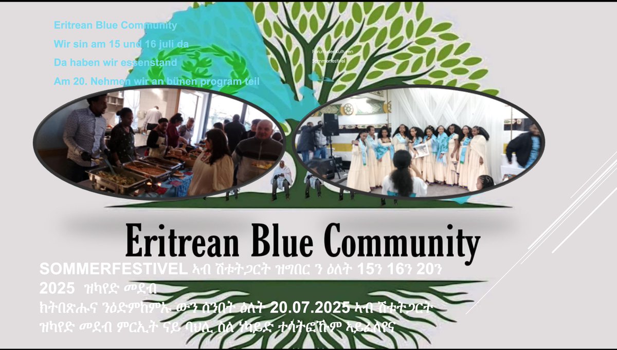 Beim Sommerfestival Stuttgart 2025 dabei!
Was erwartet euch?
🍴 Eritreisches Essen: Injera, Zigni, vegane &amp; vegetarische Gerichte
☕ Kaffeezeremonie mit frisch geröstetem Kaffee
🎤 20. Juli Bühnenauftritt: Live-Musik, Tanz, Modenschau