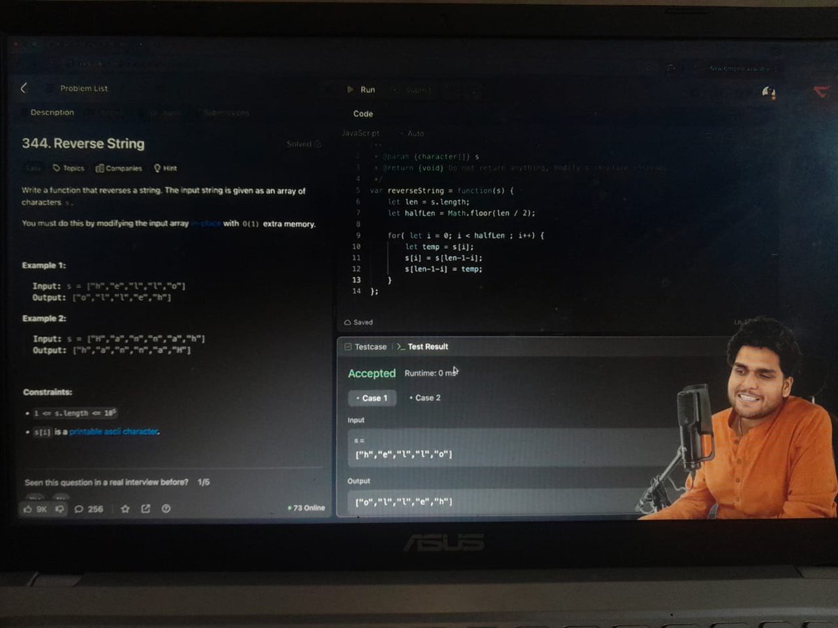ganeshdhakarke's tweet photo. 🚀 Day 6 of my #DSA journey!
Solved the Reverse String problem today.
Explored the two-pointer technique &amp; string iteration.
Small problem, big learning! 💡
Thanks to @akshaymarch7  for the clarity he brings in #NamasteJavaScript 🔥

#100DaysOfCode #ReverseString https://t.co/fcjiBQDxlJ