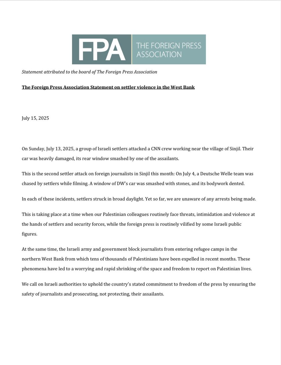 FPAIsPal's tweet image. A statement by the FPA on settler violence against journalists