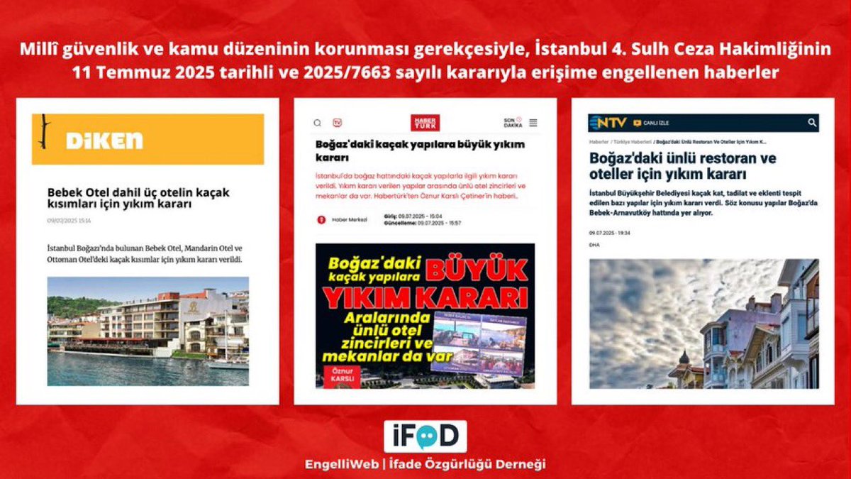 İstanbul Boğazı'ndaki ünlü otel ve restoranların kaçak bölümleri hakkında İBB tarafından verilen yıkım kararına dair haberler, millî güvenlik ve kamu düzeninin korunması gerekçesiyle erişime engellendi.