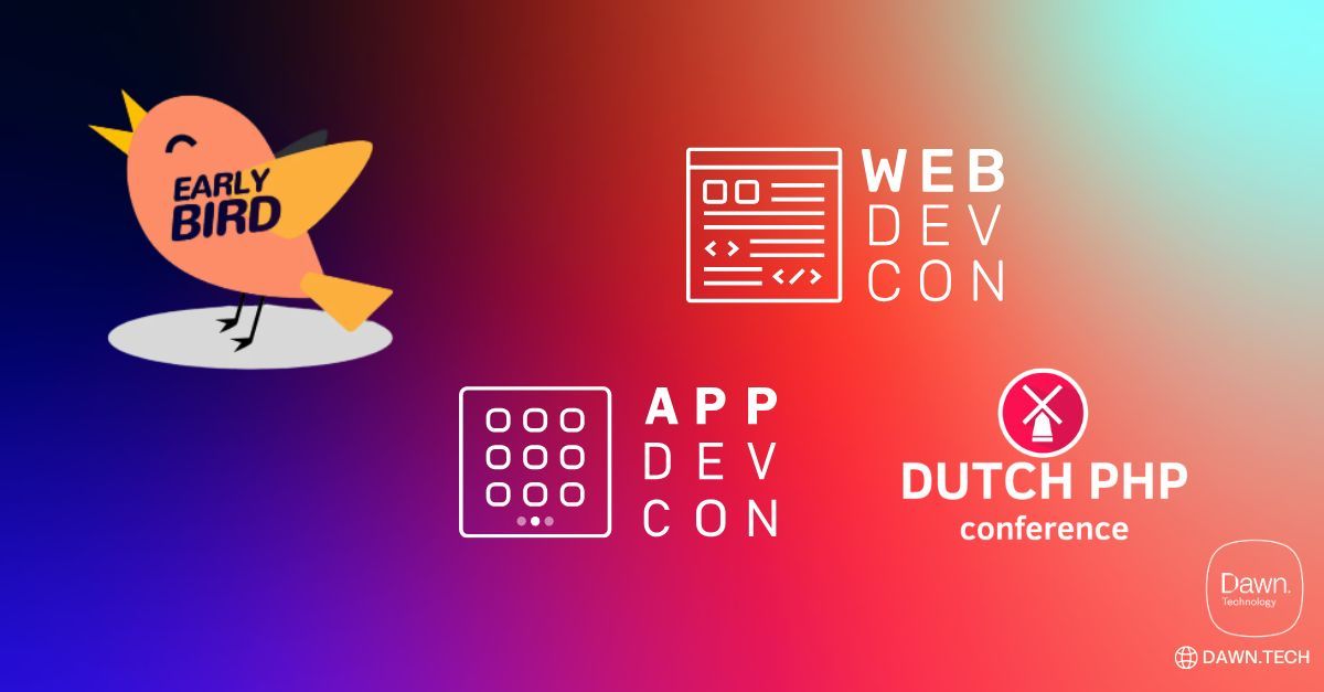 dawntechNL's tweet image. 🚀 De early bird tickets voor onze conferenties, Appdevcon, Webdevcon en Dutch PHP Conference 2026, zijn live!
Mis niks en koop nu je ticket - tegen een early bird rate - via onze ticketshop:
dawntechnology.paydro.com/adc-wdc-dpc-20…
#dawntechnology #appdevcon #webdevcon #dpc26 #techconference