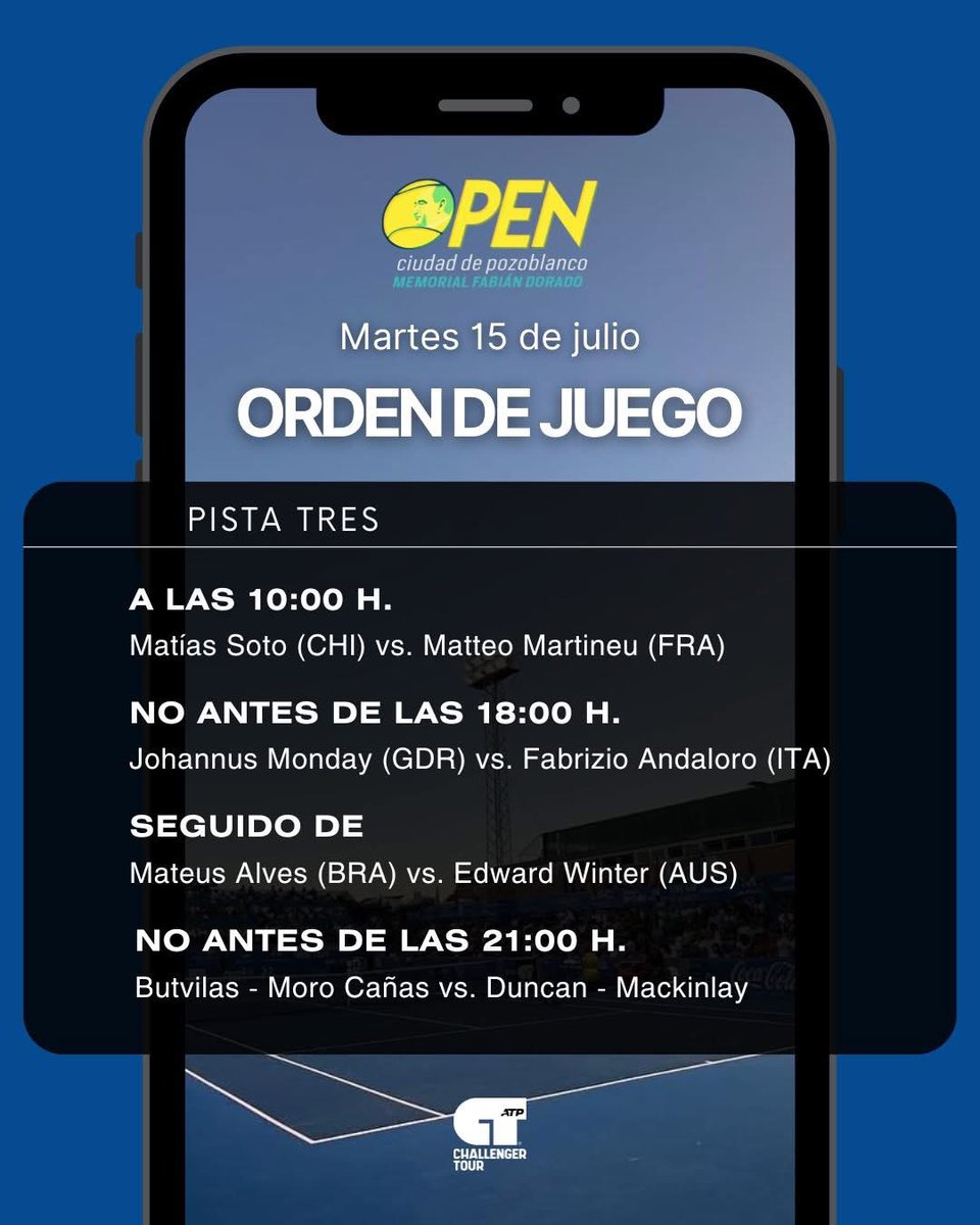 🎾 ¡Buenos días!

¿Vamos a por el martes?

Estos son nuestros horarios de un día que promete ser espectacular. 

ℹ️ Podréis estar al día de todos los detalles del torneo en tenispozoblanco.com/cuadros-y-orde… 

#TenisPozoblanco #ATPChallenger