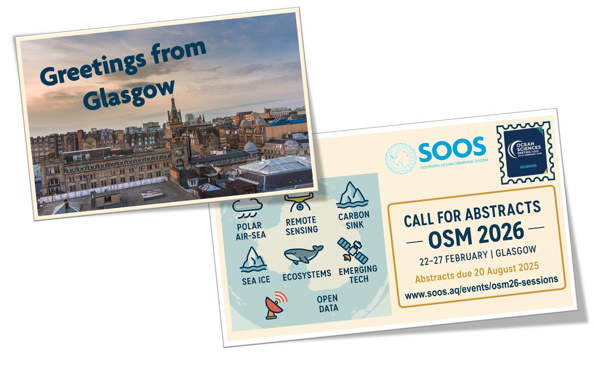 SOOSocean's tweet image. 🚨 Call for Abstracts – #OSM26
Join us in Glasgow, 22–27 Feb 2026 to explore recent Southern Ocean & polar research! 🧊🌍
📢 Abstracts due: 20 August 2025
Submit to these SOOS-relevant sessions👇
soos.aq/events/osm26-s…
🌬️ Polar air-sea interactions (AI004)
🤖 Air-sea obs &…