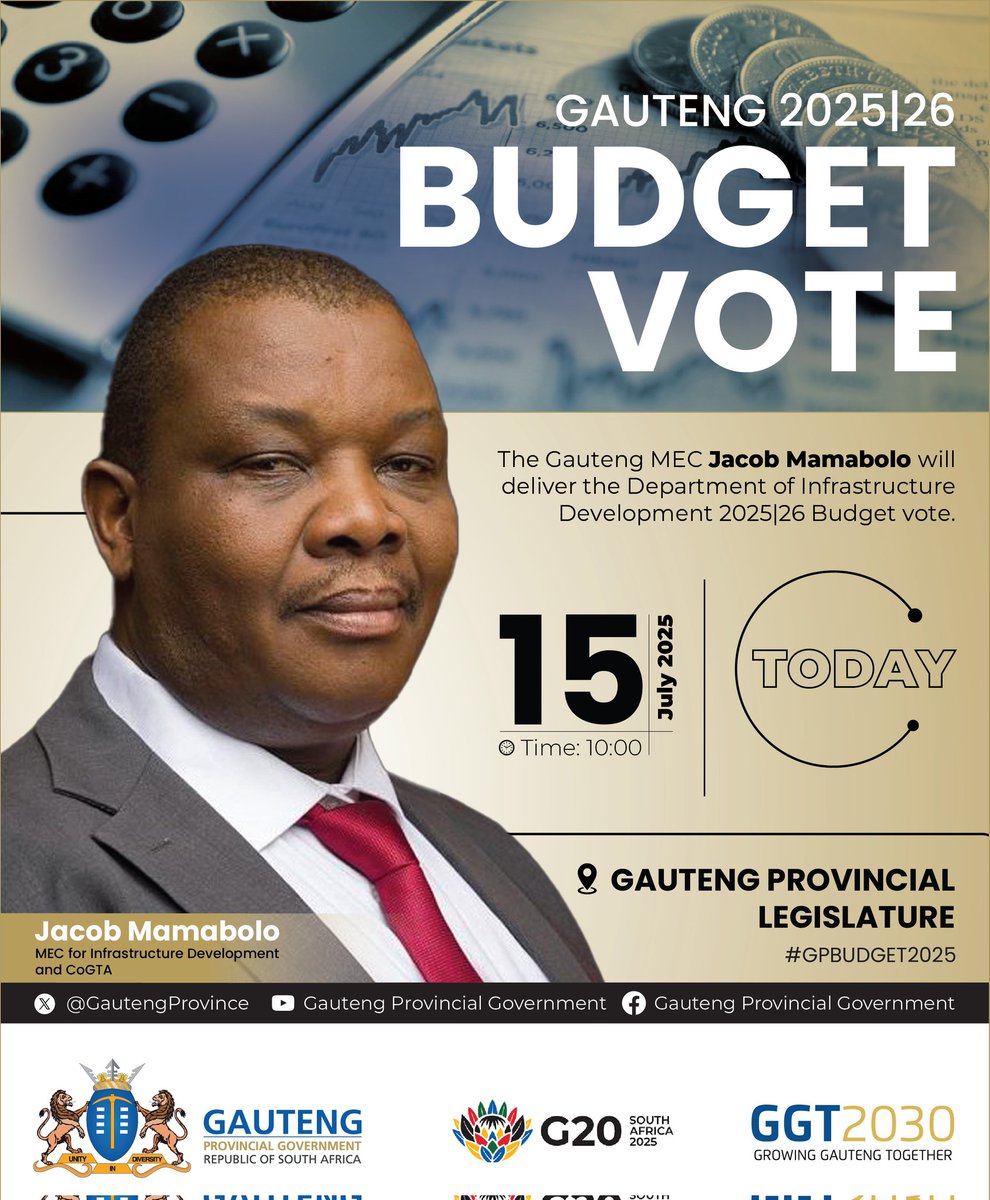 GPDID's tweet photo. D-Day!🗓
Gauteng MEC Jacob Mamabolo will  deliver the 2025|26 Budget Vote for the Department of Infrastructure Development.  Catch the Live broadcast on the link below:

https://t.co/9mKzDwa3NW…

#GPBudget2025 #InfrastructureThatWorks #GautengAtWork #GGT2030 https://t.co/Sd5zqYXPD6