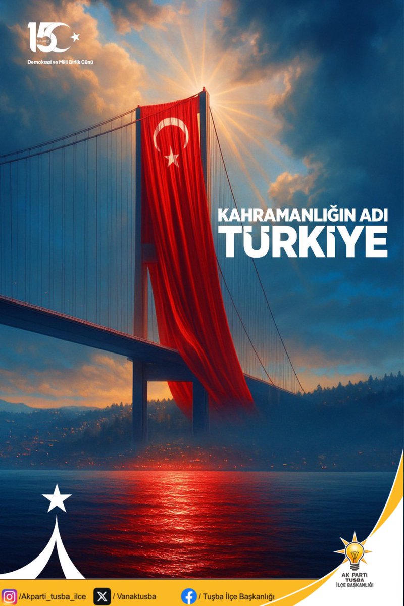 AK PARTİ TUŞBA İLÇE BAŞKANLIĞI (@vanaktusba) on Twitter photo 15 Temmuz Demokrasi ve Millî Birlik Günü 🇹🇷
Vatan uğruna şehit düşen kahraman evlatlarımızı rahmetle, gazilerimizi minnetle yâd ediyoruz.
<a href="/umitkanan72/">Ümit KANAN</a> <a href="/ArvasAbdulahat/">Abdulahat Arvas</a> <a href="/merdogan02/">Mehmet ERDOĞAN</a> <a href="/MustafaAlkayis/">Av. Mustafa Alkayış</a> <a href="/abuyukgumus/">Ahmet Büyükgümüş</a> <a href="/AK_PartiVan/">AK Parti Van</a> <a href="/Akparti/">AK Parti</a> 15 Temmuz Demokrasi ve Millî Birlik Günü 🇹🇷
Vatan uğruna şehit düşen kahraman evlatlarımızı rahmetle, gazilerimizi minnetle yâd ediyoruz.
<a href="/umitkanan72/">Ümit KANAN</a> <a href="/ArvasAbdulahat/">Abdulahat Arvas</a> <a href="/merdogan02/">Mehmet ERDOĞAN</a> <a href="/MustafaAlkayis/">Av. Mustafa Alkayış</a> <a href="/abuyukgumus/">Ahmet Büyükgümüş</a> <a href="/AK_PartiVan/">AK Parti Van</a> <a href="/Akparti/">AK Parti</a>