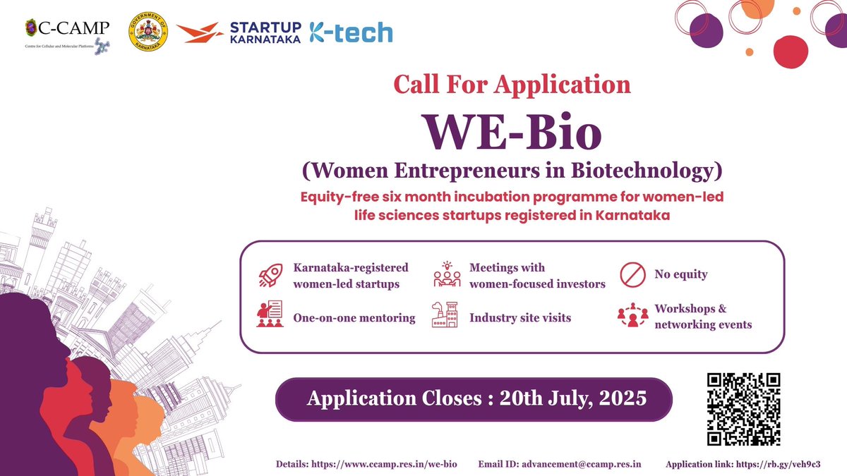 Calling Karnataka-based Women Entrepreneurs in Life Sciences!

Are you a Karnataka-registered, women-led startup in the field of biotechnology or life sciences? 
Here’s your chance to be a part of WE-Bio —  a six-month, equity-free incubation programme by CCAMP, in partnership