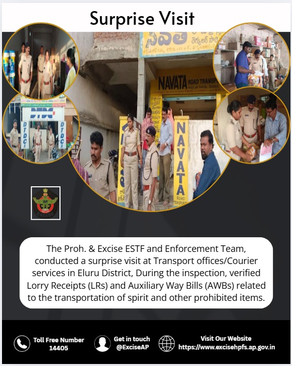 exciseAP's tweet image. Proh. &amp;amp; Excise ESTF &amp;amp; Enforcement Team conducted a surprise inspection at transport offices/courier services in Eluru District. ✅ Verified Lorry Receipts (LRs) 📷 Checked Auxiliary Way Bills (AWBs) #ExciseEnforcement #Eluru #AndhraExcise #IllegalTransportCheck