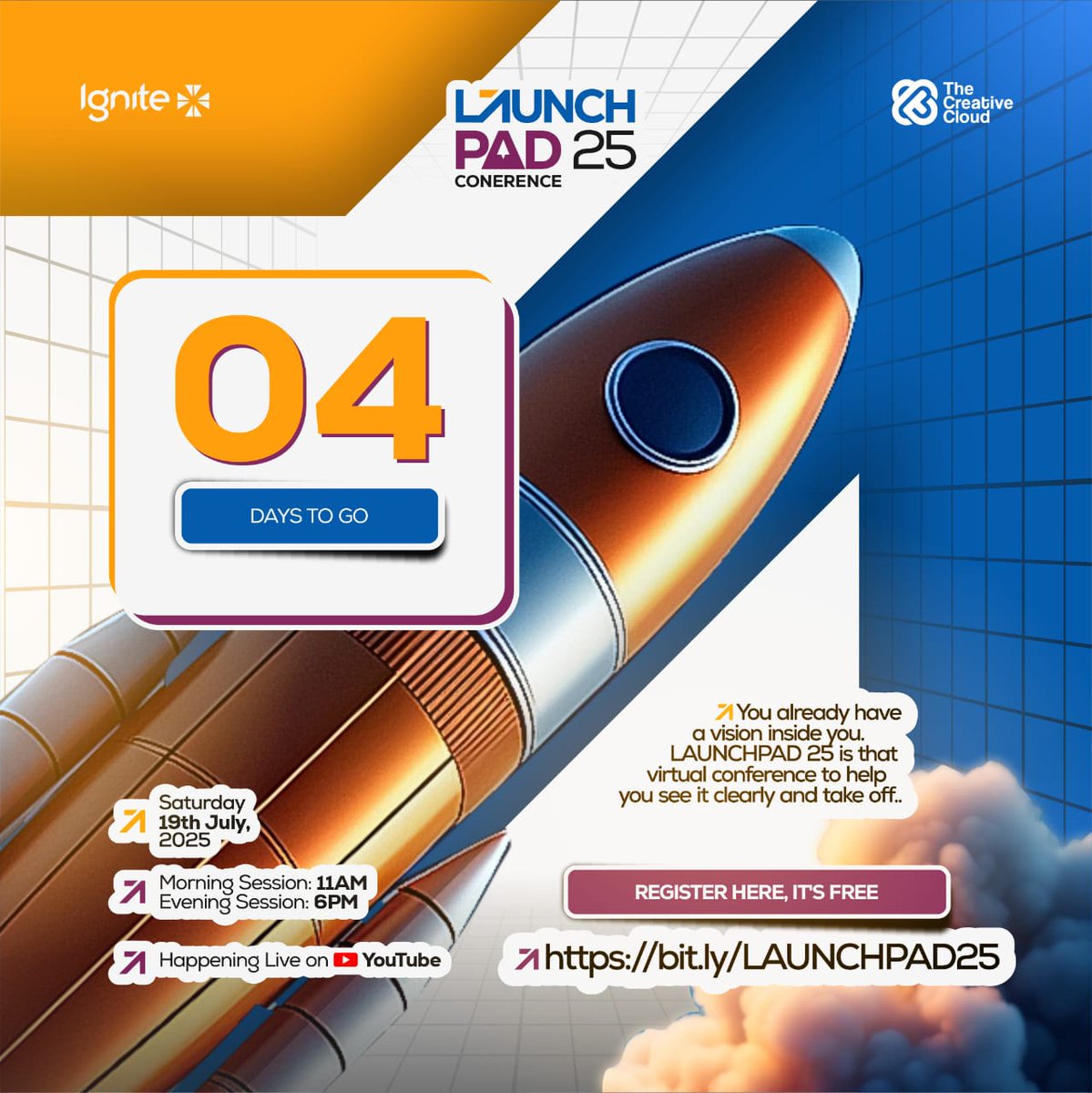 Ignitexofficial's tweet photo. 🚀 4 Days to Go till #LaunchPad25!

Not just another event,it’s your launch zone for purpose, clarity &amp; action.

🗓️ July 19
🕚 11AM &amp; 6PM (WAT)
📍 YouTube (Live)

🔥 You have the vision. Let’s help you launch it.
👉 Register via link in bio &amp; join our WhatsApp group for updates. https://t.co/602Oas6UdJ