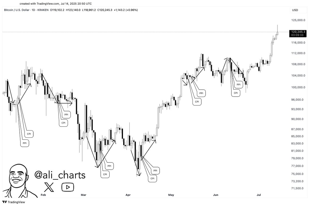 alicharts's tweet photo. When #Bitcoin $BTC dips ahead of CPI or PPI reports, it often rallies right after the data drops — and vice versa. https://t.co/nbXbxACeTL