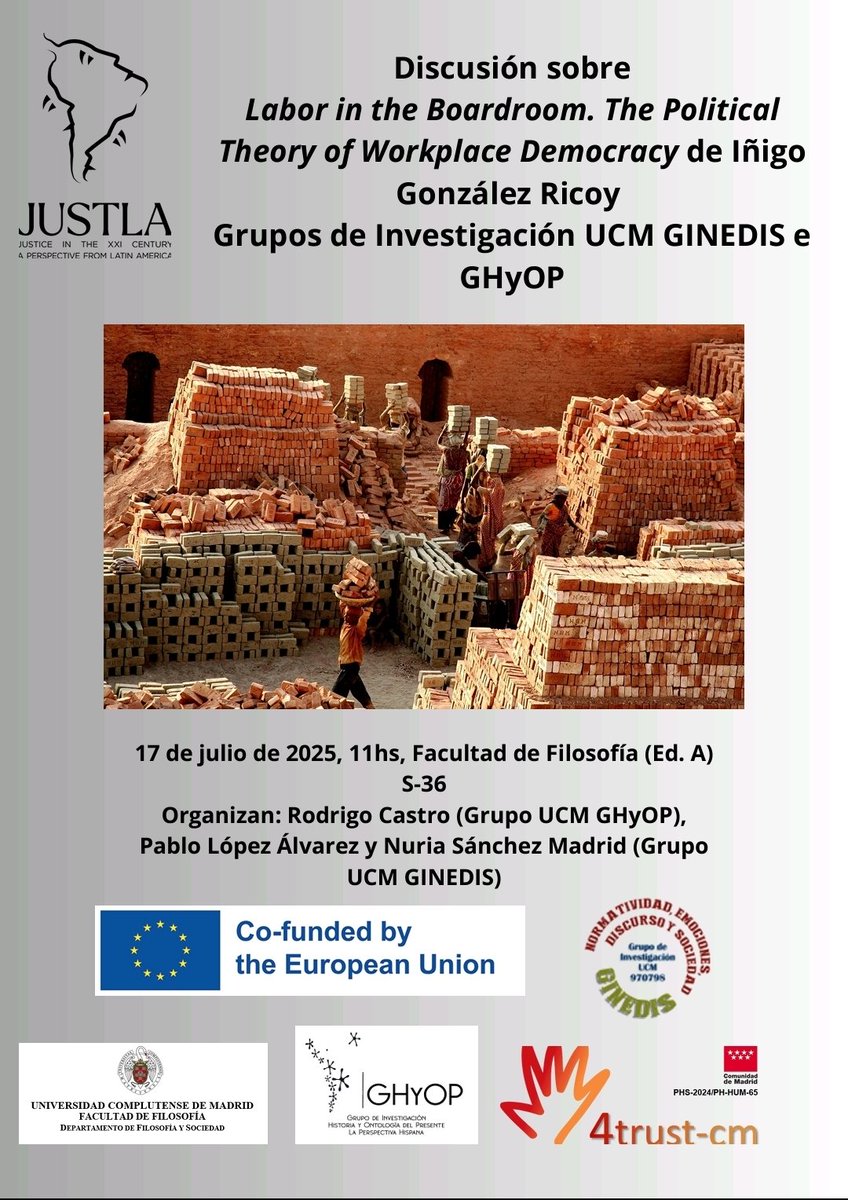 FiloSociedadUCM's tweet image. Discusión sobre "Labor in the Boardroom. The Political Theory of Workplace Democracy", de Iñigo González Ricoy
🗓17 de julio - 11:00h
🏠Seminario 36 - Facultad de Filosofía UCM