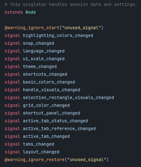 MewPurPur's tweet image. I&apos;ve seen several Godot developers now annoyed that they have to either silence the warning or clutter their global signal list with warning_ignore. If that&apos;s you, use warning_ignore_start and warning_ignore_restore (version 4.4 or higher).

#GodotEngine
