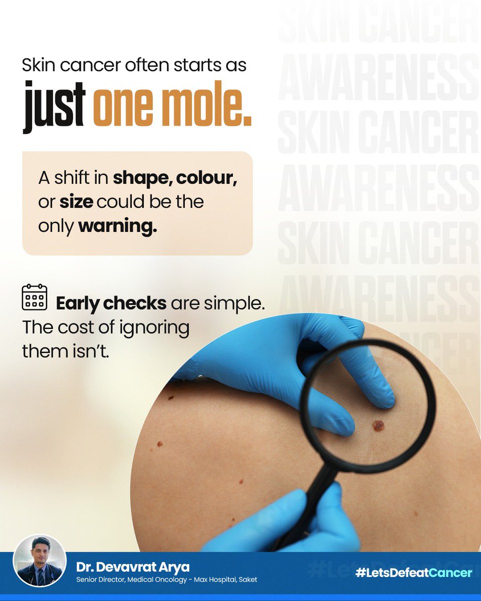Skin cancer is common but highly preventable. A changing mole could be the first sign.

Check your skin regularly and consult a dermatologist if you notice anything unusual. Early detection saves lives.

#SkinCancerAwareness #DrDevavratArya #EarlyDetection
