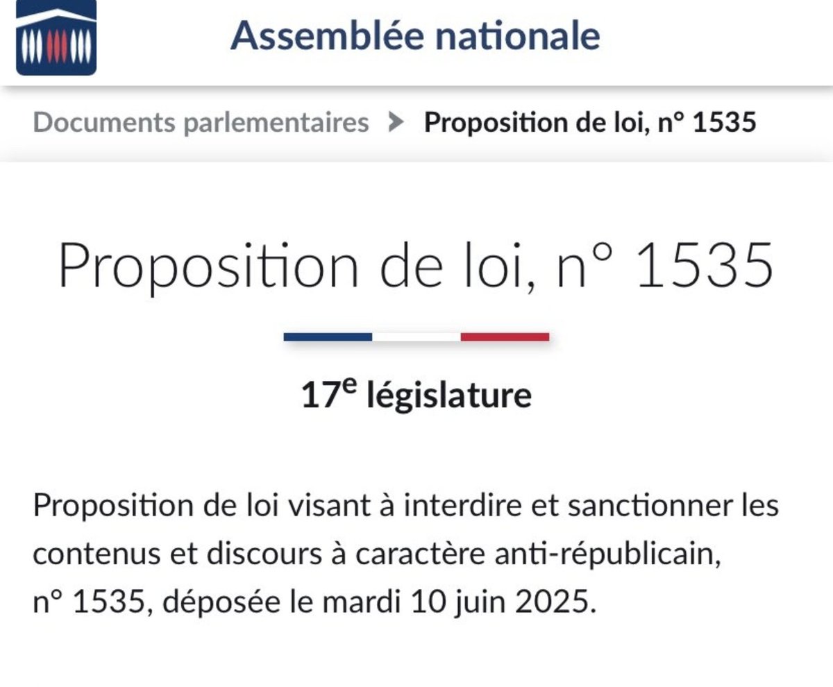 JoubertArmel's tweet image. C'EST QUOI ÇA ? Vers un totalitarisme soviétique ?
Des députés LR et UDR ont déposé une proposition de loi interdisant et sanctionnant les propos anti-républicains.
@jfpoisson78 @phgosselin @christineboutin