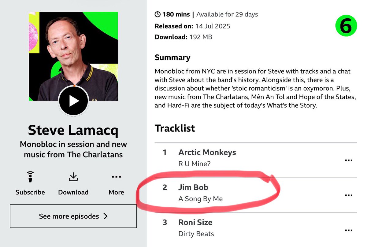 mrjimBob's tweet image. 3 minutes and 12 seconds into the show, between Arctic Monkeys and Roni Size, Steve Lamacq doubles my 2025 National radio airplay. Turn it up and ENJOY!
bbc.co.uk/sounds/play/m0…