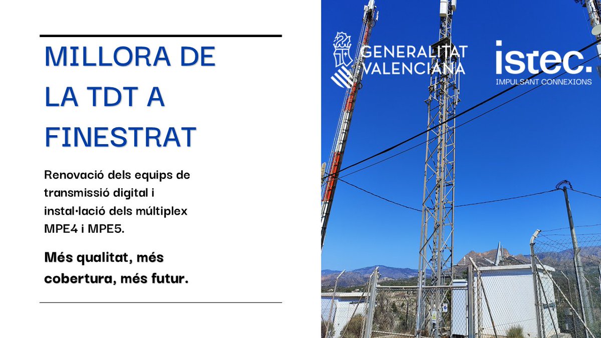 La GVA, a través de <a href="/GVAIstec/">GVAIstec</a>, ha renovado los equipos de TDT del centro de #Finestrat para mejorar la calidad de emisión de todos los canales, RGE1, RGE2, MPE1, MPE2, MPE3 y MAUT, e incorporar los múltiples MPE4 y MPE5.
<a href="/AytoFinestrat/">Ayto Finestrat</a> #telecomunicacions #TV #multiplex📺 📡