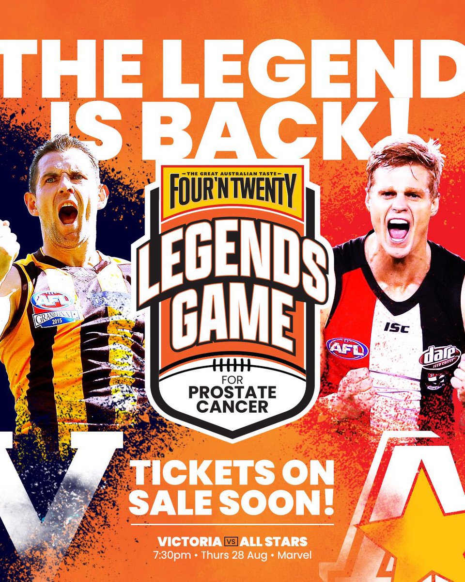 One legendary game, a roster full of greats 💪 

🎟️ Tickets go live on Ticketmaster:
AFL and Club members: Jul 17, 9 AM
Pre-sale registration for non-club members: Jul 17, 9 AM
Ticket sales for all public: Jul 18, 10 AM

<a href="/AFL/">AFL</a> | <a href="/7AFL/">7AFL</a> | <a href="/FOURNTWENTY/">FOUR'N TWENTY</a> |<a href="/1116sen/">SEN 1116</a> | <a href="/marvelstadiumau/">Marvel Stadium</a>
