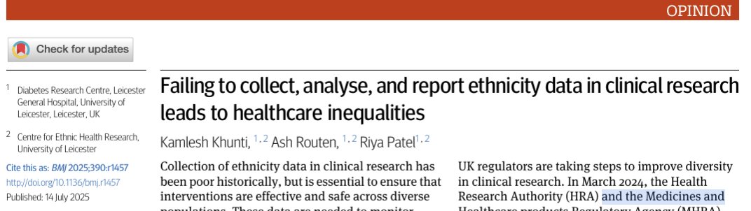 Our Opinion article in <a href="/bmj_latest/">The BMJ</a> 

Collecting diversity data in clinical research

Our UK research regulators &amp; funders are leading on this

However worrying obstacles across the pond

#HealthEquity #ClinicalResearch #Diversity" 2
bmj.com/content/390/bm…

<a href="/wellcometrust/">Wellcome</a>