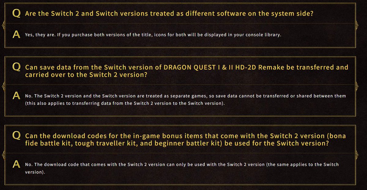 Dragon Quest I &amp; II HD-2D Remake on Switch will not have an upgrade path to Switch 2 version. Save data also cannot be transferred or shared between the two versions (Switch and Switch 2 versions are treated as separate games) FAQ: buff.ly/aWG1s3c