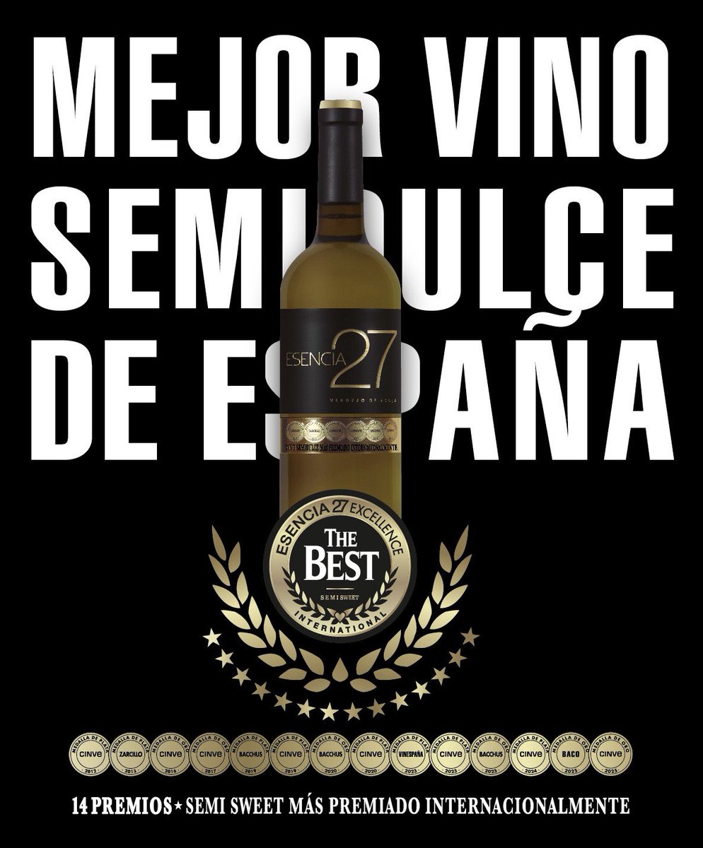 🌟 ESENCIA 27🌟
14 PREMIOS INTERNACIONALES. Vino SemiDulce Más Premiado Internacionalmente y mejor simidulce de España 2025.
Esencia27.com