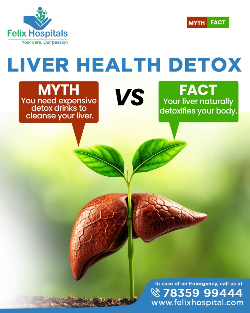 Your liver is a natural detox hero, efficiently filtering toxins with just a balanced diet and healthy lifestyle.

#LiverHealth #NaturalDetox #HealthyLiver
#DetoxNaturally #NoToDetoxFads #EatCleanLiveClean  #LiverCareMatters
#StayHealthy #FelixHospital #BalancedDiet
#Health