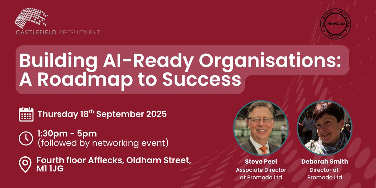 We’re hosting our next event! 

To learn how to get your organisation ready for the future of AI, get your tickets for our event here👉 eventbrite.co.uk/e/building-ai-… 

#AIready #AItransformation #digitalinnovation #networkingevent #manchesterevent #techevents #castlefieldrecruitment