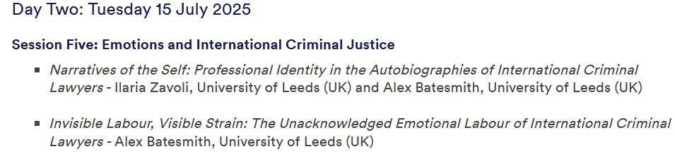 UoN_Law's tweet image. We begin the 2nd day of the UoN International Criminal Justice Conference by exploring the autobiographically constructed identities & emotional labour of intl criminal lawyers. Chaired by Mando Rachovitsa w/ presenters Ilaria Zavoli & Alex Batesmith.
#UoN_ICL25 #IntlCrimJustice