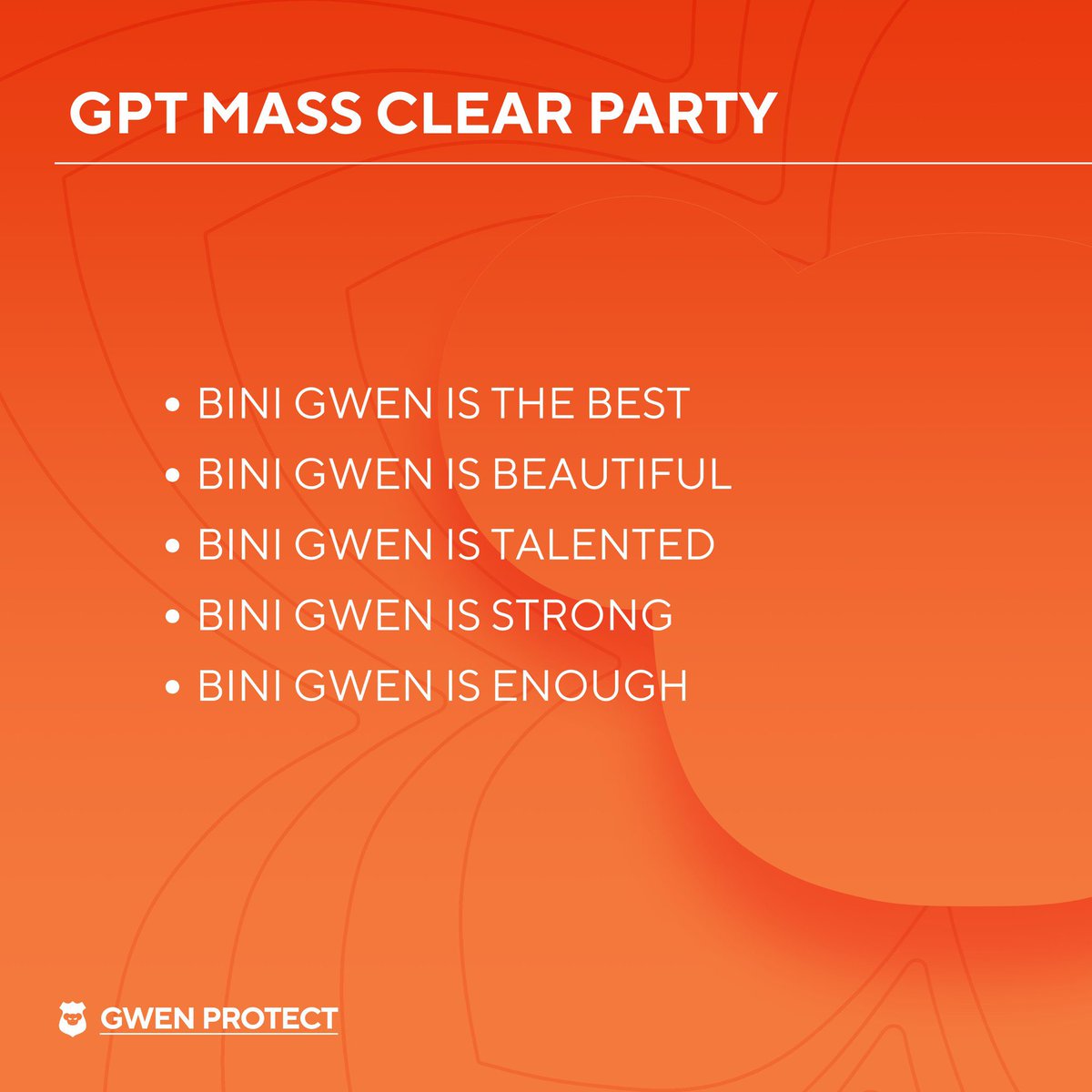 🚨MASS REPLY &amp; SEARCH CLEAR PARTY 🚨   

Hayooo, Blooms and Gwen Protectors! We need everyone’s help again to clear X searches/replies and flood Gwen's Instagram posts comments with positive replies. 

BINI GWEN IS THE BEST
BINI GWEN IS BEAUTIFUL 
BINI GWEN IS TALENTED
BINI GWEN