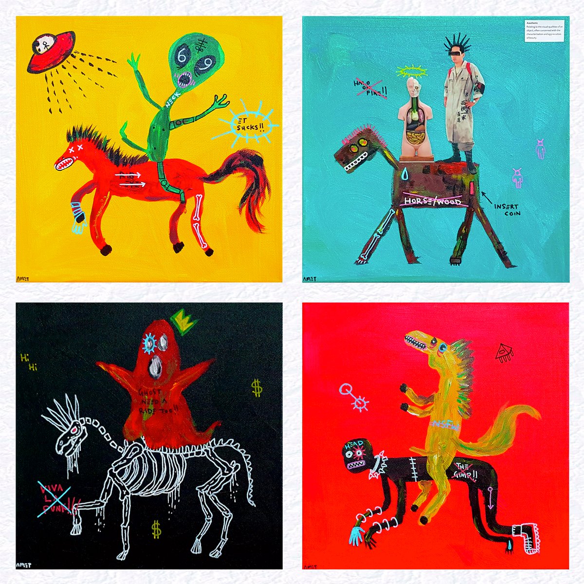 Inspired by the Four Horsemen, this painting blends contemporary elements with my distinctive signature style.

''Four Horsemen"

One auction includes 4 physical paintings, 
mixed media on 10’ x 10’ canvas.

soon.