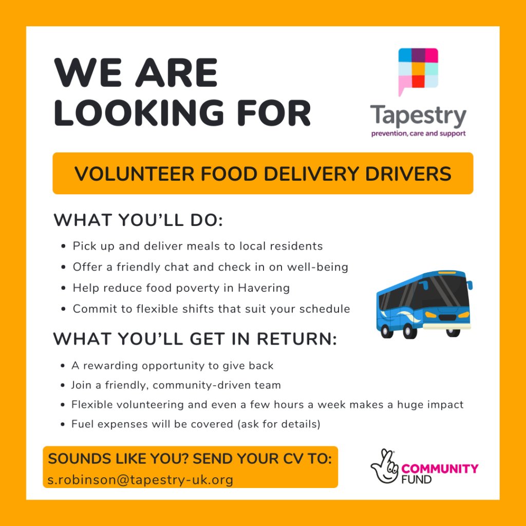 Volunteer Hot Meal Drivers needed! 

Deliver meals &amp; friendly chats Mon–Sat in Rainham, Harold Hill, Upminster &amp; Collier Row. Flexible shifts, fuel costs covered. 

Join Tapestry’s community team! Contact hello@tapestry-uk.org or 01708 796600.

 #Volunteer #Havering