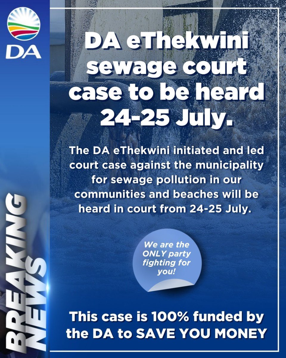DA_KZN's tweet image. BREAKING NEWS🚨
DA eThekwini court case to be heard 24-25 July.
This case is 100% funded by the DA to save YOU money!