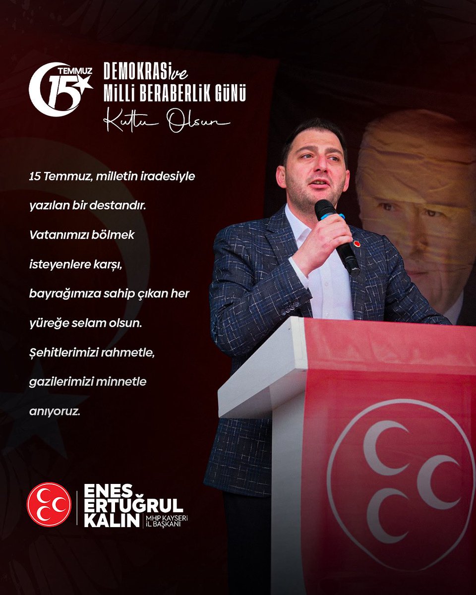 15 Temmuz Demokrasi ve Millî Beraberlik Günü
Kutlu Olsun

15 Temmuz, milletin iradesiyle yazılan bir destandır.
Vatanımızı bölmek isteyenlere karşı, bayrağımıza sahip çıkan her yüreğe selam olsun.
Şehitlerimizi rahmetle, gazilerimizi minnetle anıyoruz.