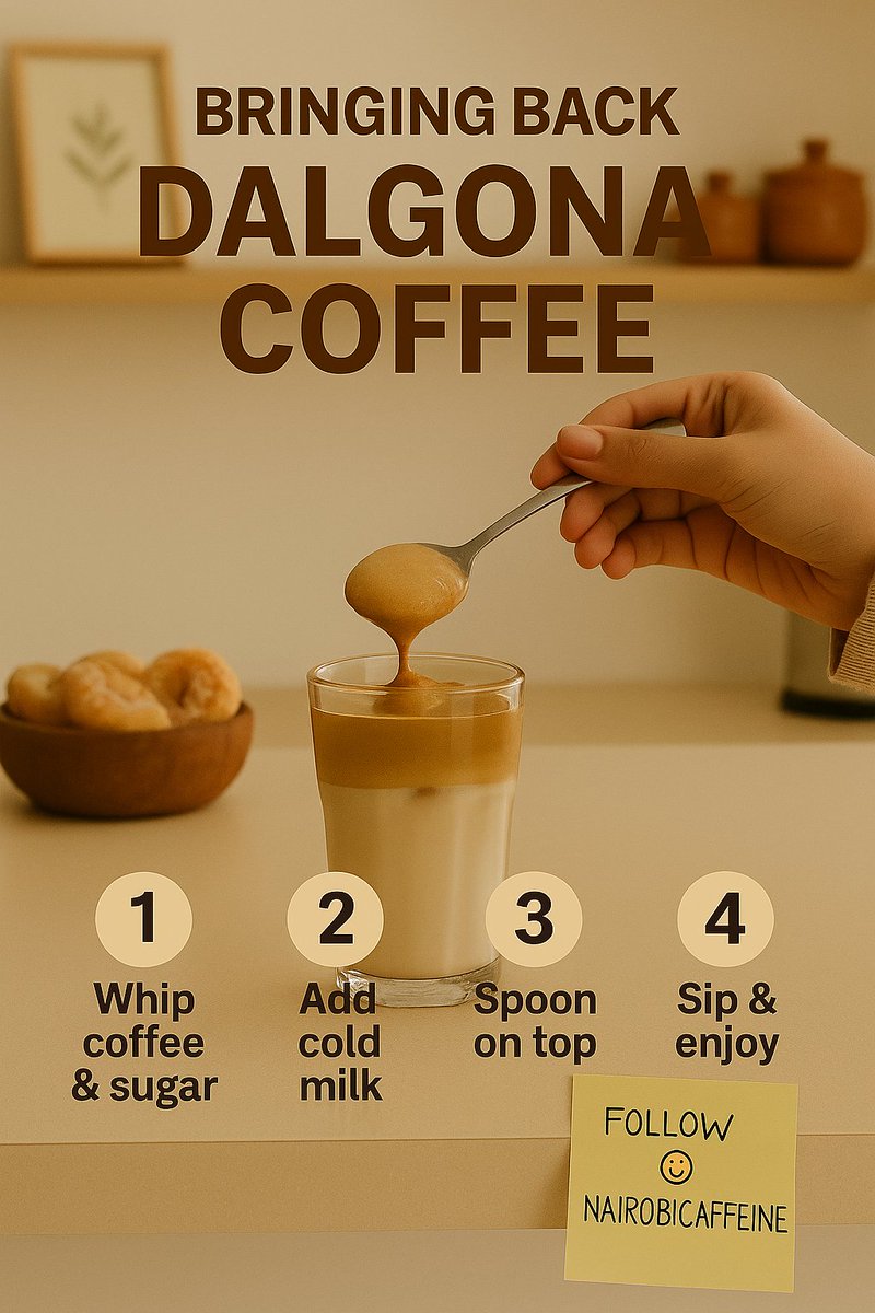 nairobicafeine's tweet image. It’s back—and smoother than ever.
Whip. Sip. Reminisce.

☁️ 2 tbsp instant coffee
☁️ 2 tbsp sugar
☁️ 2 tbsp hot water
Whip it till cloud-like and pour over iced milk.

#DalgonaCoffee #WhippedCoffee #HomeCafe #NairobiCaffeine