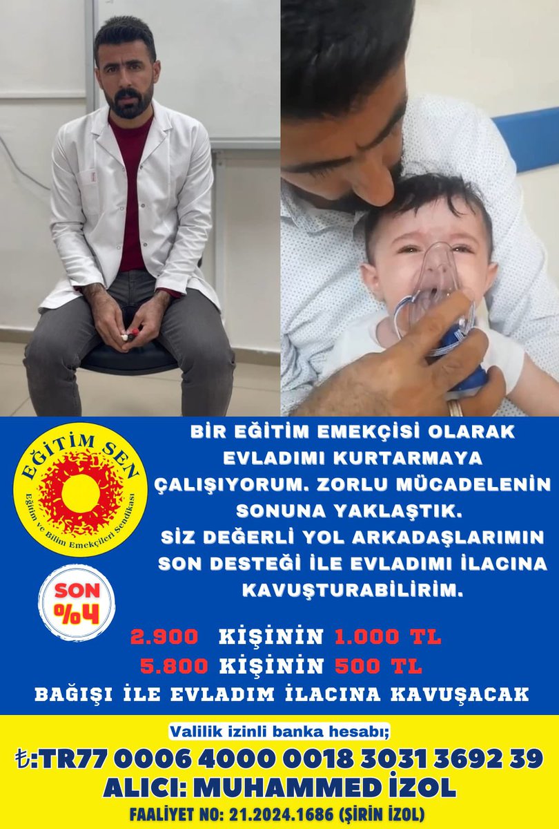 Muhammed bebeğin kampanyasında %96’ya ulaşıldı, sadece %4 kaldı. Yapılacak dayanışma ile kampanya bir kaç gün içinde tamamlanabilir, Muhammed ilacına kavuşabilir. Herkesi dayanışmaya davet ediyoruz.