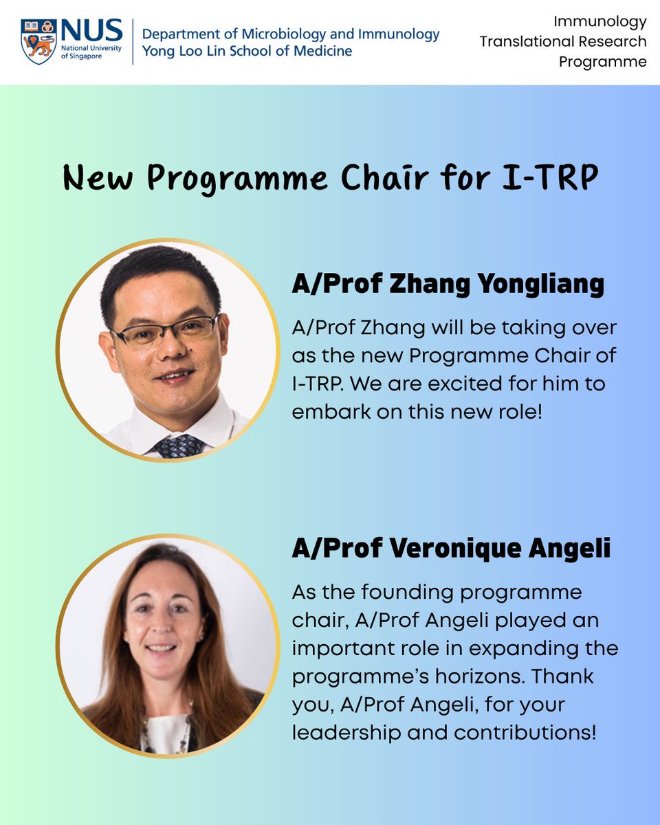 We are pleased to announce that A/Prof Zhang Yongliang will be taking on the role of Programme Chair for the Immunology Translational Research Programme. 🎊

Please join us in thanking A/Prof Angeli and congratulating A/Prof Zhang as he steps into this new leadership role! 👏🏼