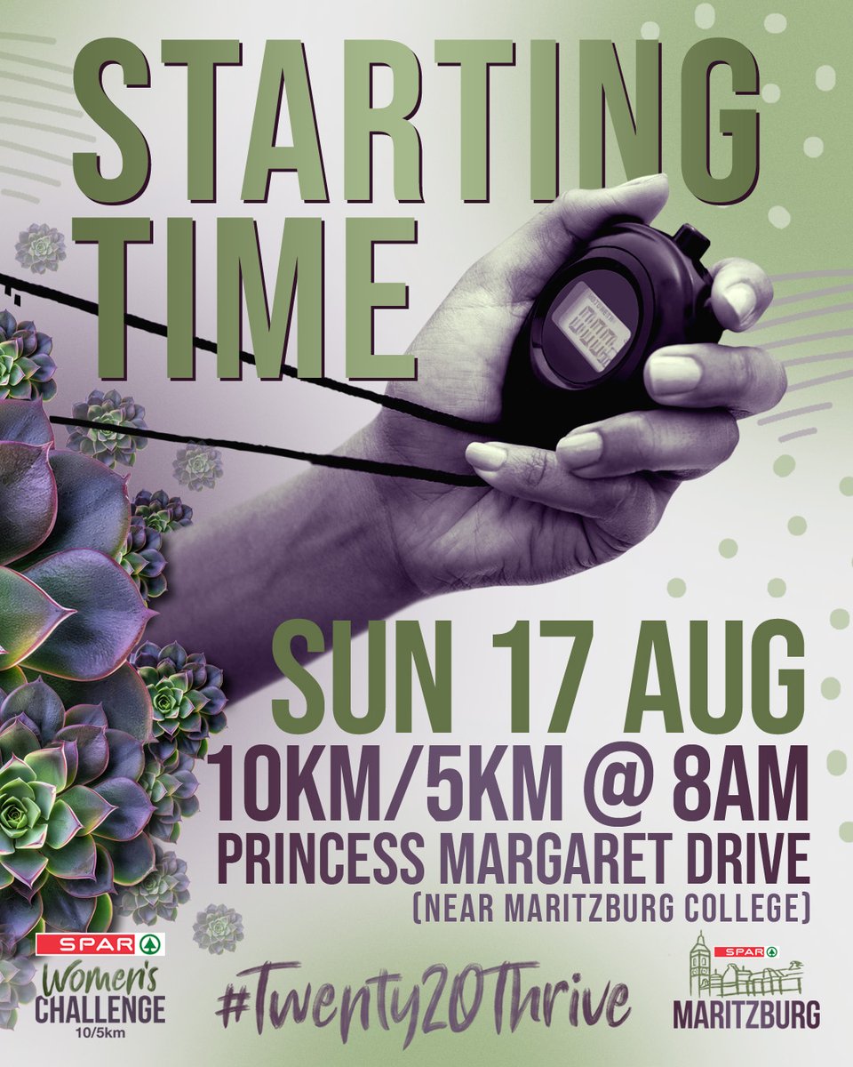 📢Please note the start times for the Challenge on 📅 Sunday 17 August in Maritzburg.
10km and 5km  - ⏰8am
📍Princess Margaret Drive (Near Maritzburg College)
#SPARWomensChallenge #SPARkleAndShine🌟🌟 #SPARKZN #Twenty20Thrive