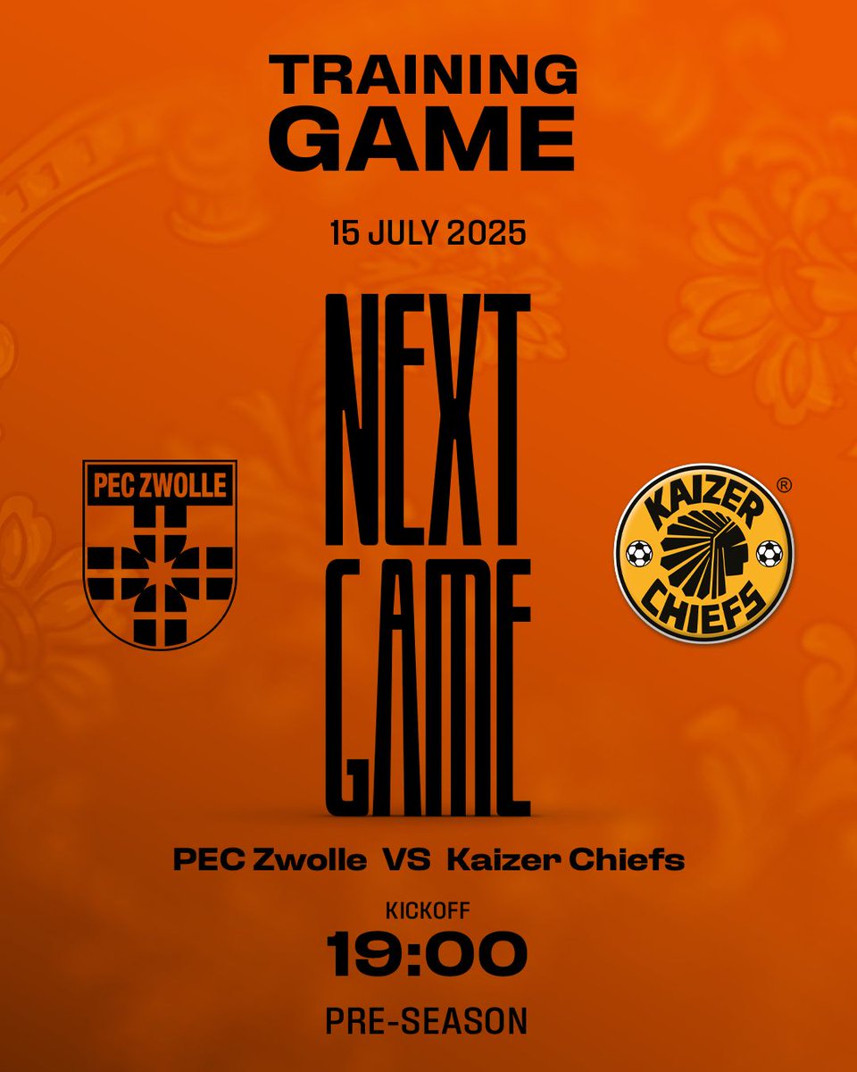 KaizerChiefs's tweet photo. Match Day!

⚽️PEC Zwolle vs. Kaizer Chiefs
👕First Team 
🗓️Tuesday 15 July 2025
🏟Meppel
🕞19h00 (SAST)
📺https://t.co/H1oHfNxS5w…

#Amakhosi4Life #KCPreSeason #KCNetherlands https://t.co/LlE2pnFcBo
