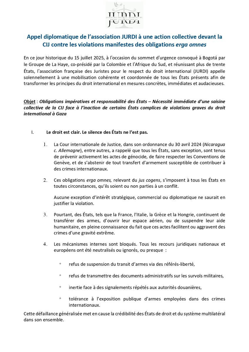 JURDIasso's tweet image. 🔴APPEL DIPLOMATIQUE🔴
Face à la situation à Gaza, JURDI appelle à une action collective devant la Cour internationale du justice pour lutter contre les violations graves par de nombreux Etats de leurs obligations internationales.
@RSAinFrance @FranceinIreland @EmbEspFrancia