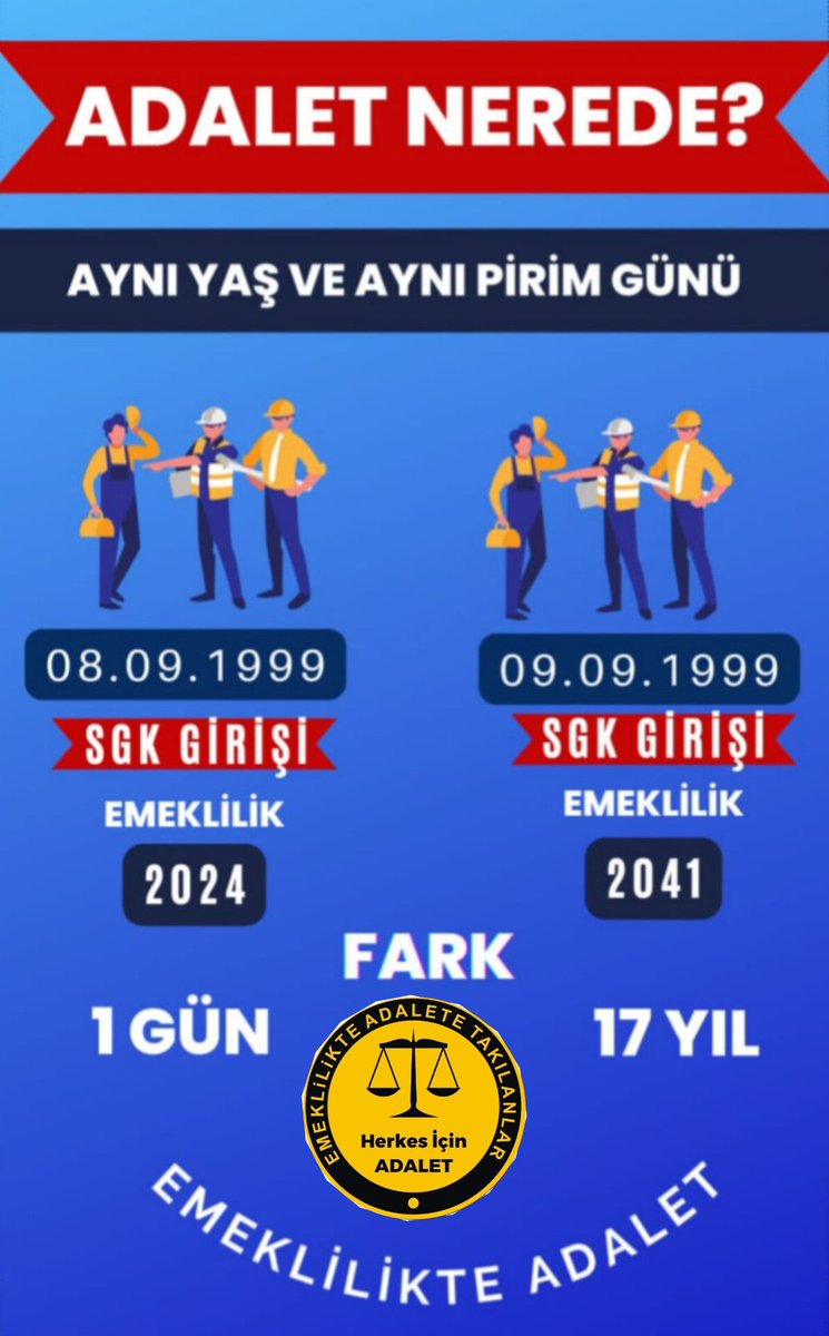 08.09.199 sonrası çalışanlar için de çözüm şart! Eşit emeklilik hakkı istiyoruz..SGK da ADALET istiyoruz..‼️

#AdaletDoğumlaBaşlar
Zafer algöz melih gökçek #deprem hakmar #izmir ümmet #15Temmuz #PoliseHepVaat Napoli Tatbak Fetö #cumartesi