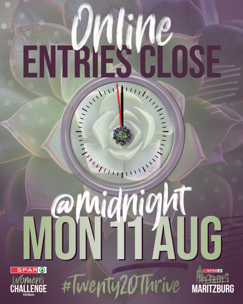 Reminder - One more pay day to Challenge Day! Entries close 11 August at midnight.
Don't forget to enter the Maritzburg SPAR Women's 10/5km Challenge!
Entries limited to 3 500
📅 Sunday 17 August
Enter here:  sparwomenschallenge.co.za/maritzburg/
#sparkleandshine✨✨✨✨
#Twenty20Thrive