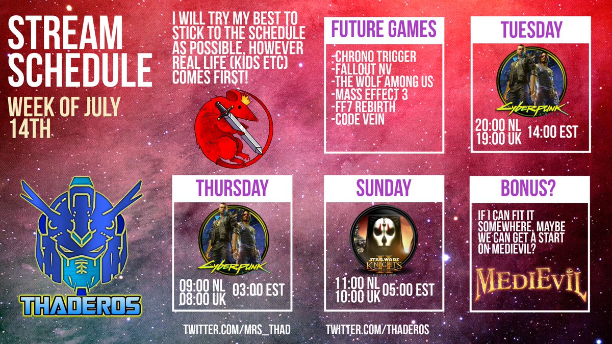 Schedule for the week, Cyberpunk, visiting Rogue, Takemura, and someone at the No-Tell Motel?! Then Sunday Nar Shaddaa in Kotor 2!  Maybe Sir Fortesque somewhere?