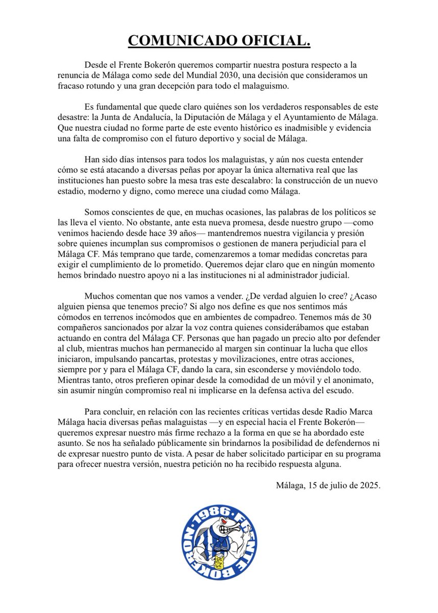 Comunicado oficial sobre la renuncia de Málaga como sede del Mundial 2030 – 15 de julio de 2025.