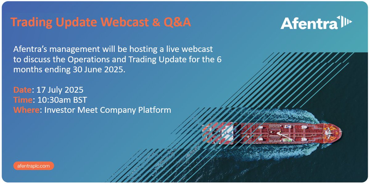 <a href="/AfentraPLC/">Afentra</a>  will host a live online investor presentation via the <a href="/InvestorMeetCo/">Investor Meet Company</a> platform on Thursday 17 July 2025 10:30 BST to updated investors and answer questions

Register:  investormeetcompany.com/afentra-plc/re…

#AET